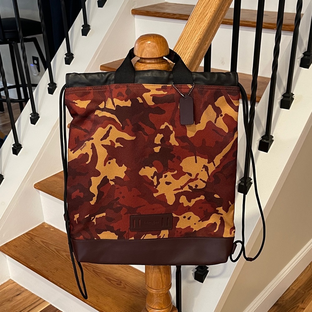 Coach Unisex Camo Drawstring Backpack in Red and Brown